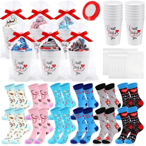 Chicingyou 12 Set 36/72 Pcs Nurse Week Appreciation Gifts Nurse Socks with Cup for Nursing Student CNA Hospital Birthday Gifts