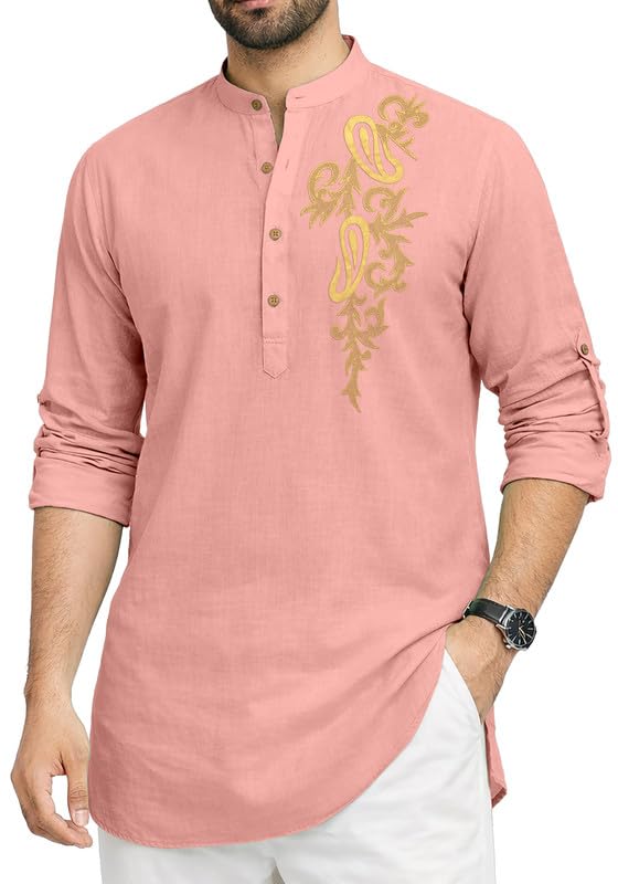 Image of Cotton Blend Self Design Printed Casual Short Kurta for Men Long Sleeve Mandarin Collar Stylish Kurta Shirt for Men