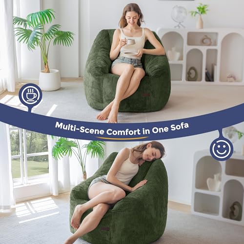 Image of MAXYOYO Bean Bag Chair, Bean Bag Sofa with Filler, Cozy Living Room Chair for Adults and Kids, Stuffed Floor Sofa for Bedroom Dorm Reading, Dark Green