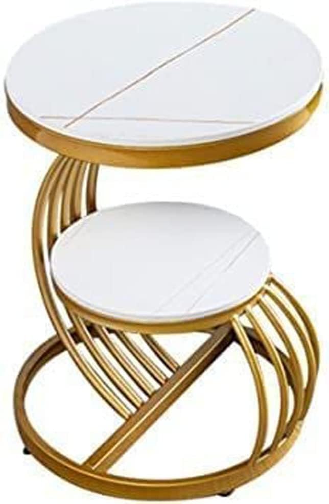 Image of Wooden & Iron Coffee Table, Side Table, Marble Texture Wood Coffee Table I Sideboard | Nesting Root Table (White & Golden)