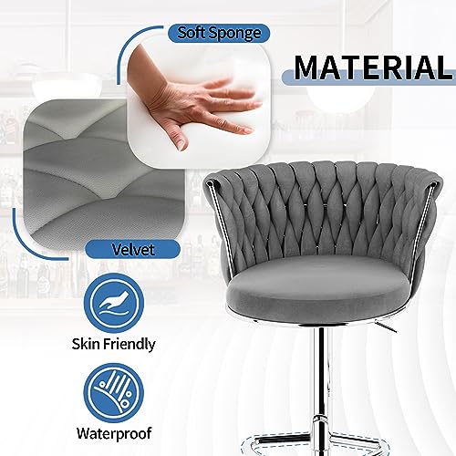 Image of AWQM Grey Bar Stools Set of 4,Modern Swivel Bar Chairs Velvet Counter Height Barstools,Adjustable Kitchen Island Chairs with High Back & Footrest for Home Pub,Big Round Base