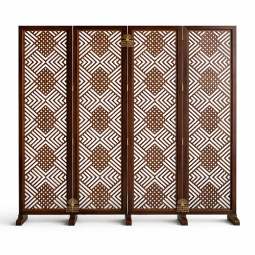 Image of Wooden Room Divider 6 Feet, 4-Panel Folding Wooden Partition for Living Room, Office, Pooja Room, Restaurant, Kitchen & Balcony (2W x 1.82H Meters). (Brown-Mixed Design)