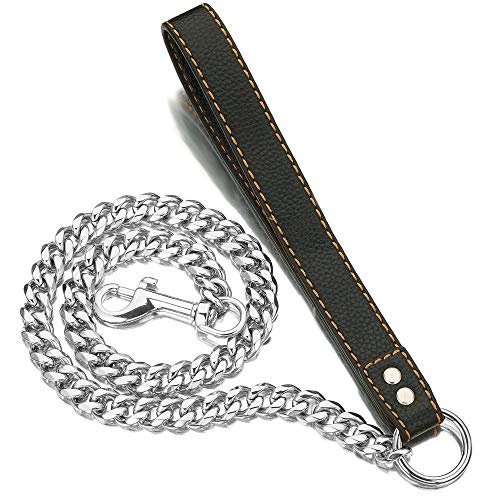 PRADOG Chain Dog Leash Metal Chew Proof 15MM Heavy Duty Pet Leash Chain with Leather Padded Handle for Large Medium Small Dogs(Totally Length of 3ft)