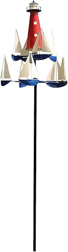 Moiitee 2023 New Kinetic Art Wind Sculpture, Wind Spinners for Yard Garden, Summer Lighthouse Sailboat Windmills, Nautical Wind Sculpture Metal