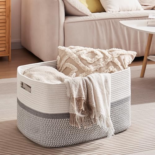 Image of OIAHOMY Large Blanket Basket, 22 inchx17 inchx12 inch Rectangle Woven Baskets, Nursery Blanket Storage Living Room, Toy Storage With Handle, Large Baskets for Organizing-Grey /White