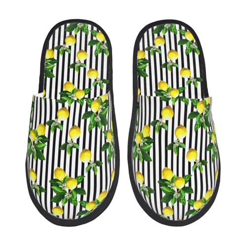 Lemons On Striped Print Women'S Fuzzy Slip On Indoor Outdoor Winter House Slippers
