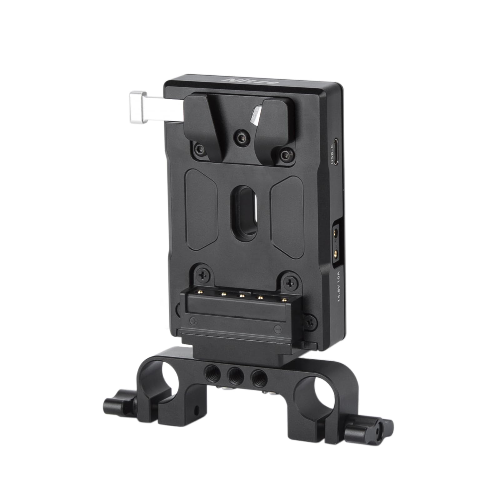 Nitze V Mount Battery Plate, V Mount Placa de la Batería con Entrada/Salida USB-C 60W (PD 3.0), Salida DC (8V/3A), D-Tap (14.8V/10A) y 15mm Rod Clamp para Fuente de Alimentación de Cámara - N21-D8B