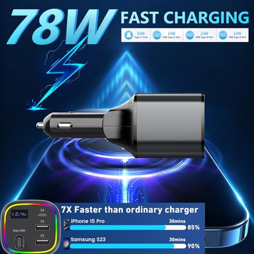 Retractable Car Charger Fast Charging 78W, AGEMANY 4 in 1 USB C Car Charger for iPhone 16 15 12 13 14 Android, Cigarette Lighter Adapter with RGB Light, Car Accessories Gift for Men Women (Grey)