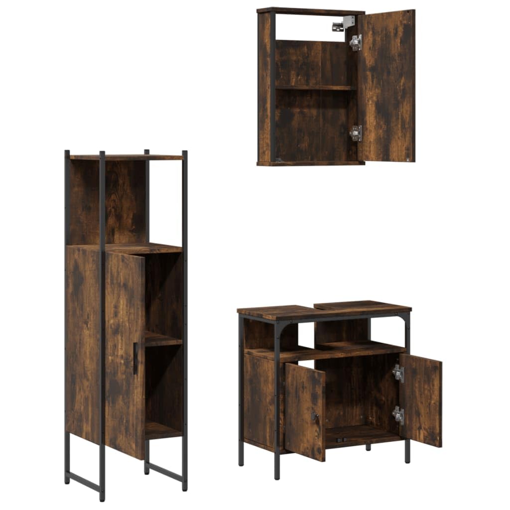 Set di 3 mobili da bagno con armadietto a specchio, effetto rovere