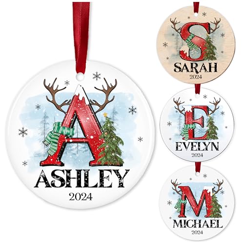 Personalized Christmas Ornaments 2025 - Custom Ceramic Initial & Name Tree Decor - Monogrammed Holiday Keepsake with Letter, Name & Year for Family & Friends