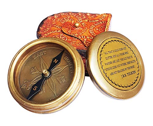 Brass Nautical - Brass Compass with Leather Case J.R.R. Tolkien Directional Magnetic LOTR Compass for Graduation Day Navigation/Pocket Compass for Camping, Hiking, Touring/Gift for Him - Thumbnail 4