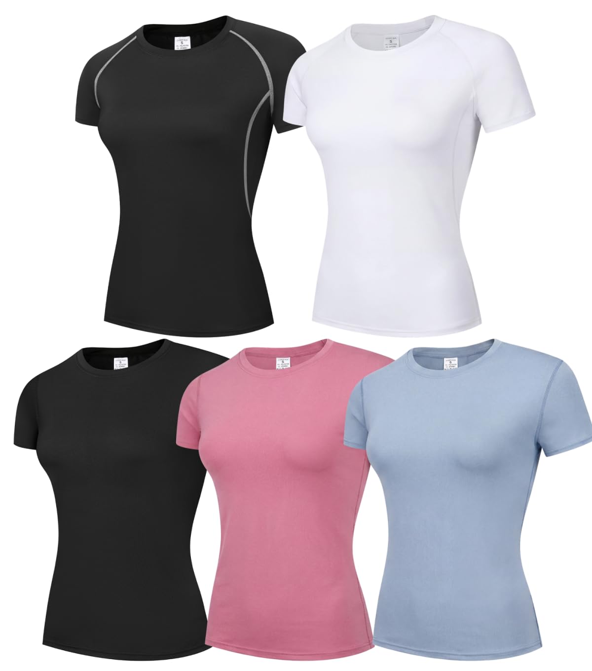 5 Pack 2 Styles Womens Compression Shirt Short Sleeve Workout Tops Quick Dry Athletic Baselayer for Yoga Running