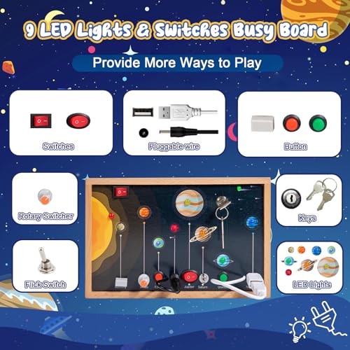 Image of Adena Montessori Solar System Busy Board, 1-6y | Safe wood, LED light switches & solar system theme. Boosts fine motor & sensory skills. Travel-friendly.