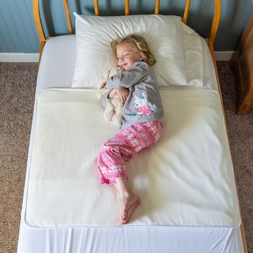 Image of Bed Wetting Pads Toddlers, Reusable Washable Waterproof Baby Potty Training Mattress Pee Pads Sheet Protector Kids 5 Absorbent Layers Exclusive No-Slip Side Flaps 39"x 29" Size Fits Twin Off White