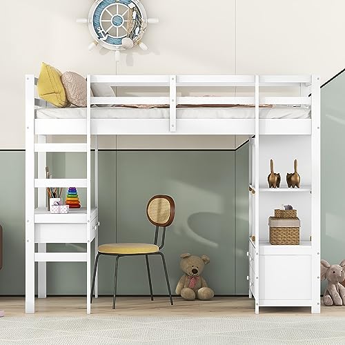 Moimhear Cama Alta para niños 90 x 200 con cajones de Almacenamiento y Escritorio Debajo de la Cama (White)