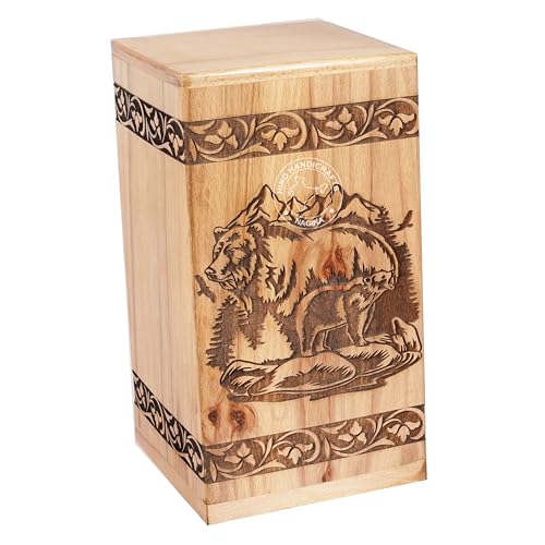Image of Handcrafted Floral Engraved Wooden Urns for Human Ashes Adult Large - Cremation Urn for Ashes - Burial Urn for Columbarium - Funeral Urn Box (Mountain Beer 2, 250 LB - BeechWood)