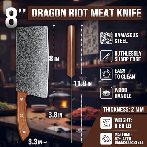 DRAGON RIOT Damascus Cleaver Knife 10 inch, VG10 Damascus Knife for Meat Cutting, Butcher Knife with Wood Handle for Chopper Vegetables Razor Sharp Chooping Knife, Premium Gift Box — view 5