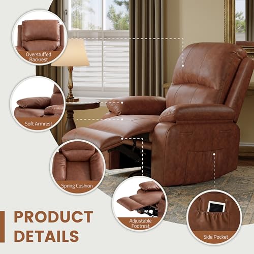 Image of Leather Swivel Rocker Recliner Chair Set of 2, Traditional Manual Chair, Upholstered Nursery Glider Rocking Recliner, Faux Leather Single Sofa with Pocket Spring for Living Room, Camel