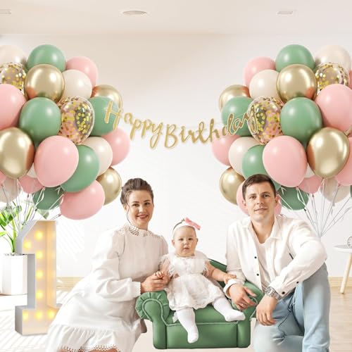 Image of 60pcs Pink and Green Balloons 12inch with Sage Green Light Pink Sand White Metallic Gold Confetti Balloons for Birthday Bridal Shower Boho Baby in Bloom Baby Shower Decorations