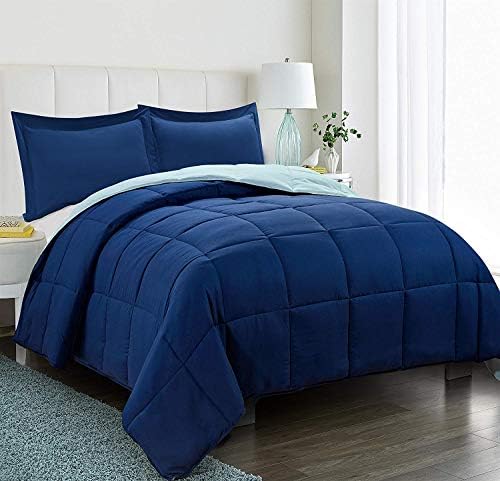 HIG 3pc Down Alternative Comforter Set - All Season Reversible Comforter with Sham - Quilted Duvet Insert with Corner Tabs - Box Stitched - Breathable, Soft, Fluffy (Twin/Twin XL, Navy/Light Blue)