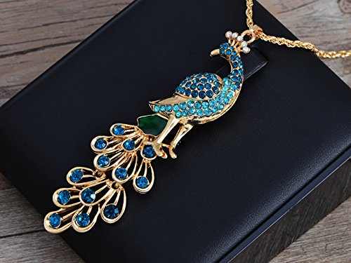 Alilang Golden Tone Blue Green Colored Rhinestone Peacock Bird Pendant Chain Necklace2