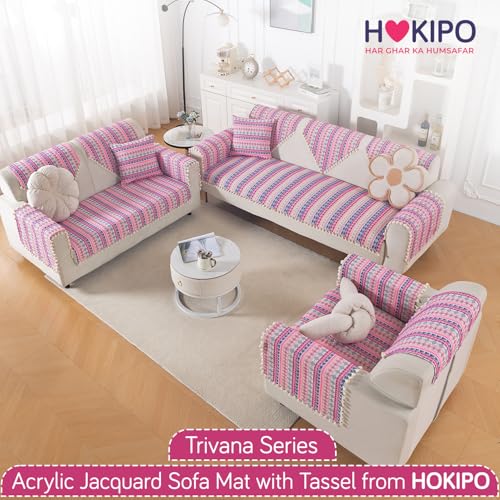Image of HOKIPO Sofa Cover Mat with Tassel | 300 GSM Cotton Acrylic Jacquard for 2 Seater Sofa,'Trivana Series' Periwinkle Blue (IN-934-J5*S)