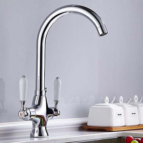 Powanfity_JP キッチン用水栓 混合水栓 シングルレバー混合栓 360度回転できる 2ハンドル 台付の蛇口 クローム混合栓