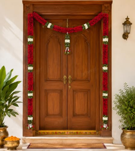 Image of Divyakosh Thoran Set (with Side Hanging), Toran for Main Door Entrance, Fabric, Handmade, Dark Red Floral Banderwal, Big Size, Width 44 Inches & Height 48 Inches