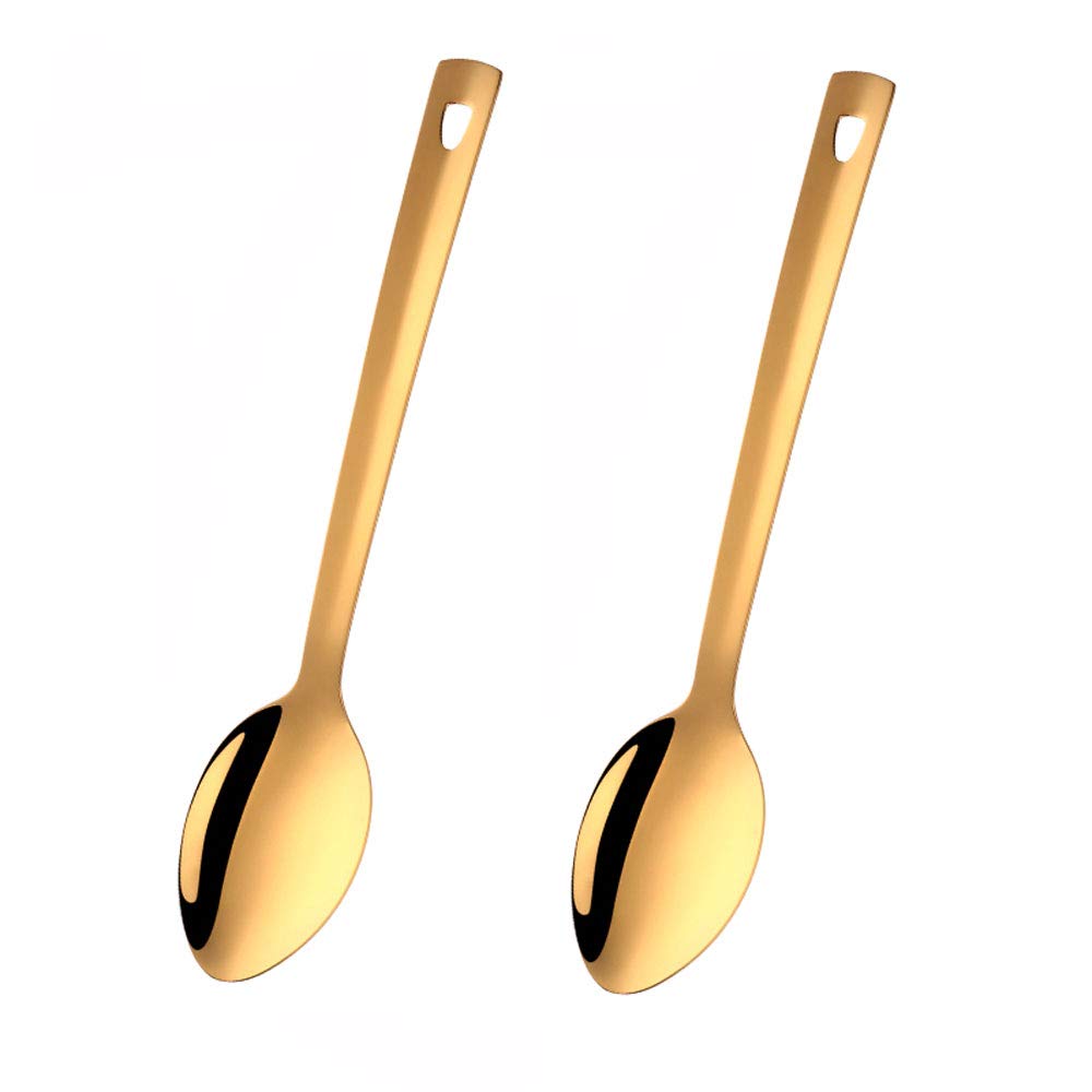 SBOMHS Serving Spoon Cooking Spoon Stainless Steel 2 Pieces Long Handle Vegetable Spoon Length 33 cm, Width 7 cm Mixing Spoon Pouring Spoon for Kitchen Gold â image 1