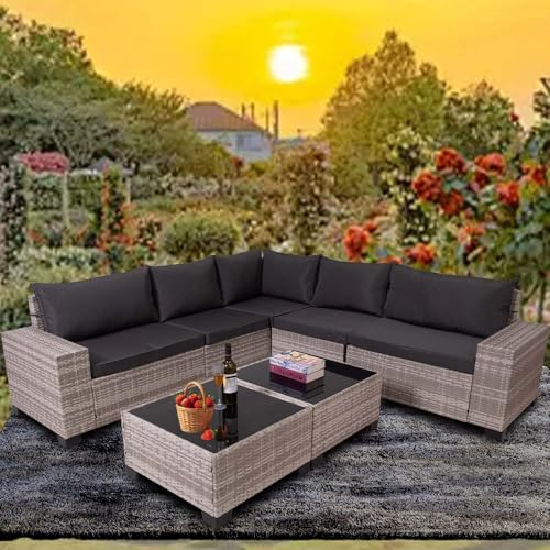 AISBNIY 7-Piece Modular Outdoor Sectional Wicker Patio Conversation Set,Outdoor Couch,All Weather Patio Conversation Sets with Washable Cushions and Glass Table (Graywhite-Darkgray)