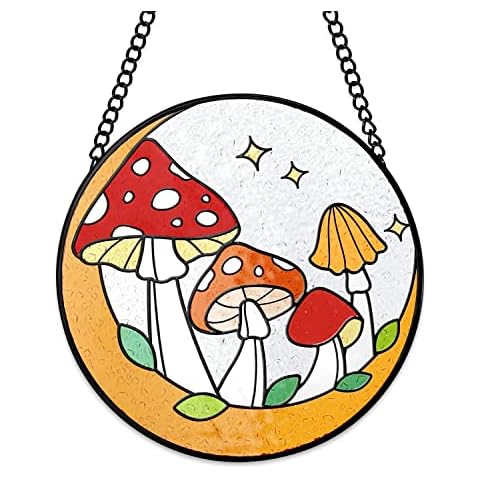 Mushroom Stained Glass Suncatcher Moon Toadstools Window Wall Hanging Ornament Hand-Painted Glass Panel Decor for Home Gift for Nature Plant Mushroom Lovers 6.3"*6.3" Cover