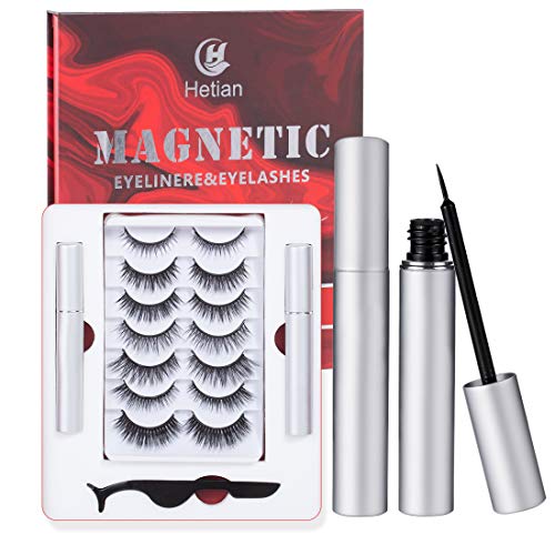 Hetian Magnetic Eyelashes with Eyeliner Upgraded 3D Magnetic Lashes Kit 7 Pairs False Eyelashes Natural Look Reusable Extension Kit Waterproof Sweatproof Eye Liner - No Glue Needed