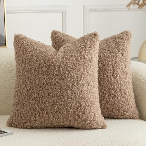 Image of Pack of 2 Curly Teddy Wool Faux Fur Throw Pillow Covers Fuzzy Accent Soft Sherpa Pillowcases Sheepskin Fleece Decorative Cushion Case for Sofa Couch Living Room 20x20 Inch Khaki