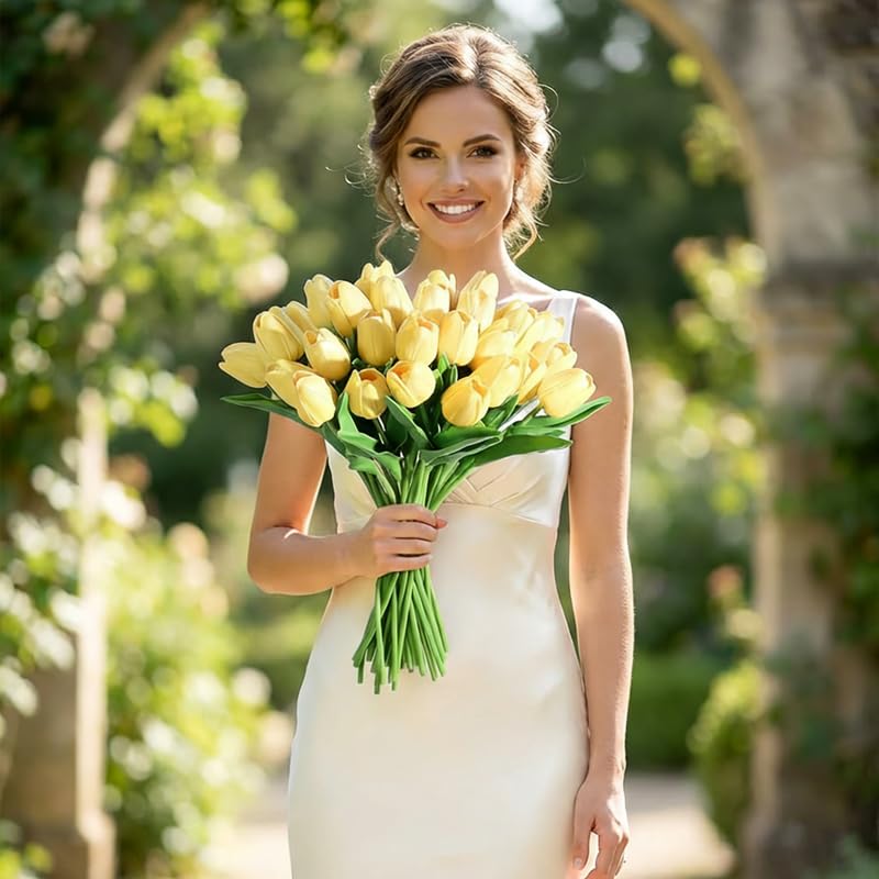 Image of 20Pcs Stems 13.5 Inch Light Yellow PU Artificial Moisturizing Tulips, Faux Tulips Flowers for Thanksgiving Christmas Decorations Wedding Home Table Vase Floral Arrangements