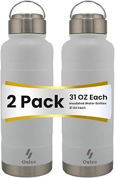 2 Pack Insulated Water Bottle, Unique Water Bottles, Stainless Steel Water Bottles, Ozizo 31 oz Double Wall Vacuum Insulated Water Bottle, Unique Wide Mouth Leakproof Lid, Hot Cold