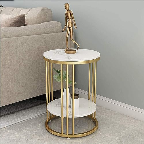 Image of Crown Art Shoppee Round End Table with Storage Shelf, Side Table for Small Space, Easy Assembly, Accent Furniture with Metal Frame (Golden & White)