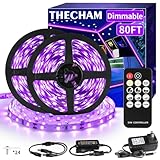THECHAM 80ft Black Lights Strip with Remote, 1440 LEDs, 12V Flexible Blackights for Glow Party, Adjust Brightness, Delay Off, 3 Light Modes, Indoor Fluorescent Party, Stage Lighting