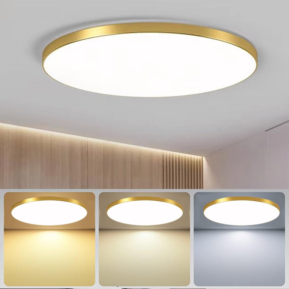 Mengjay Plafon LED Techo Cocina,Ultra Delgado Downlight LED Techo,3000k-6500k Moderno Plafón Plano Redondo para Dormitorio Cocina Salon Baño Comedor Pasillo (30W, Dorado)
