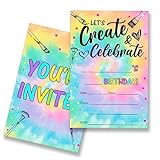 EUDOSI Tie Dye Art and Craft Let's Create Painting Birthday Party Invitations Supplies Fill-In Set of 20 with Envelopes Art Birthday Bash Invites Cards(Double Sided)