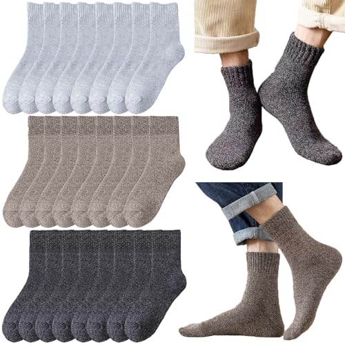 12 Pairs Mens Winter Socks Thick Knit Wool Sock Set Soft Vintage Casual Winter Solid Crew Socks