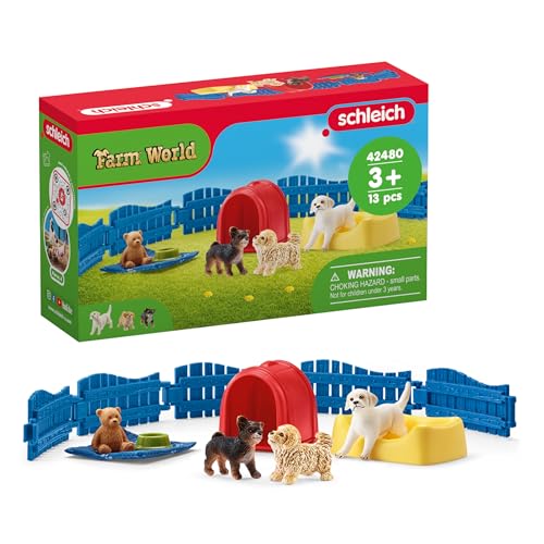 SCHLEICH Farm World | Welpenstube 42480 Tiere Set mit 3 Welpen, Zaun &...