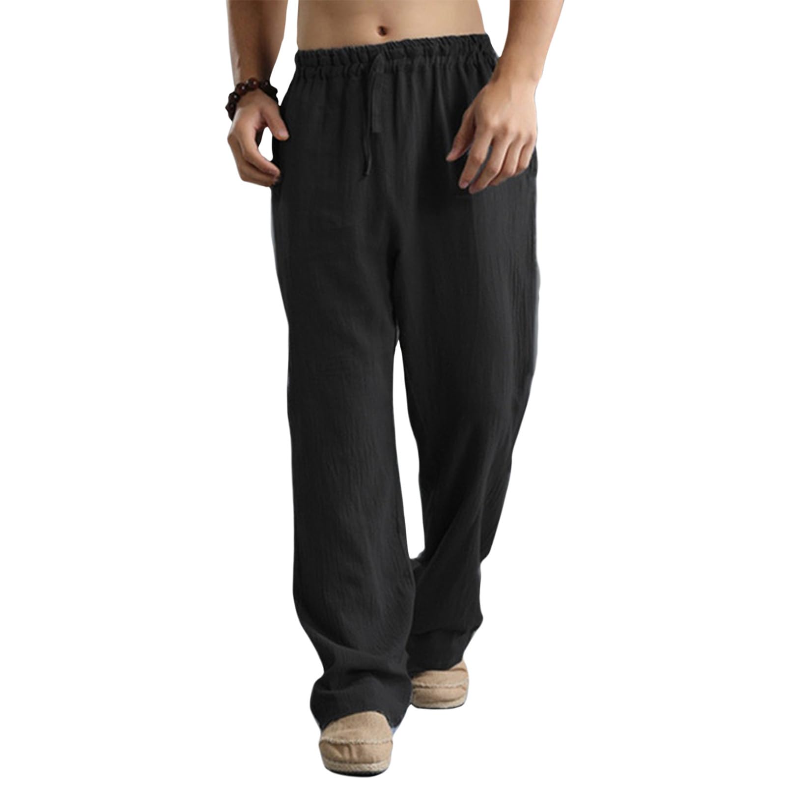 - Mens Casual Linen Pants Elastic Waist Drawstring Summer Beach Pants Lightweight Loose Fit Trousers with Pockets