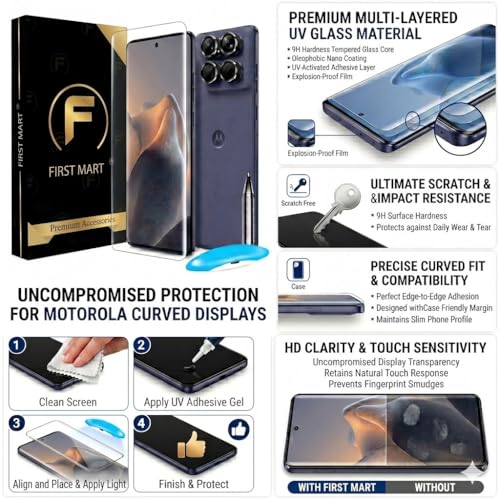 Image of FIRST MART UV Tempered Glass for Motorola Edge 60 Fusion With Black Camera Ring Guard Combo | Crystal Clear Curved Screen Protector, Case-Friendly, Scratch Resistant | Pack of 1