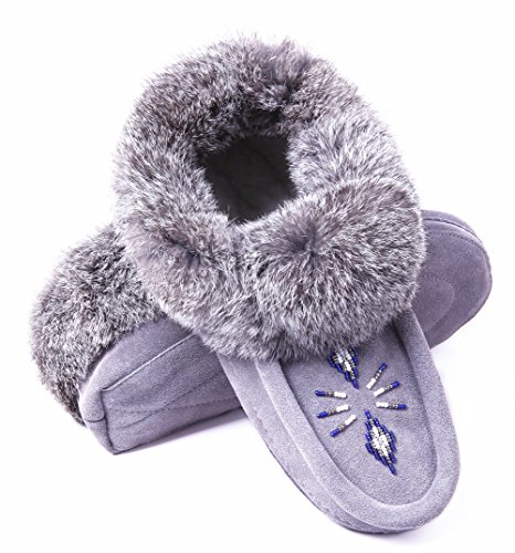Women Moccasins Indoor Slippers of Soft Sole Fleece Lined Rabbit Fur Trim4