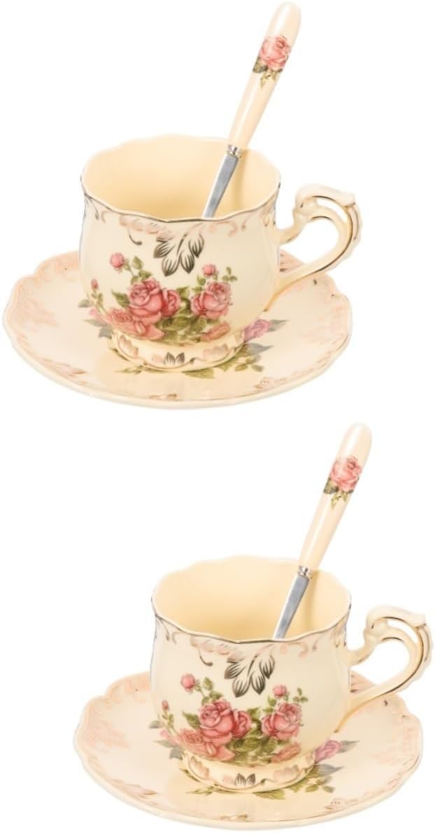 Kubek ceramiczny 2 zestawy Filiżanka do herbaty kwiatowej Ceramiczny kubek do mleka Szklane filiżanki do espresso Wystrój w stylu vintage Kubki do kawy z porcelany kostnej Filiżanka w kształcie serca