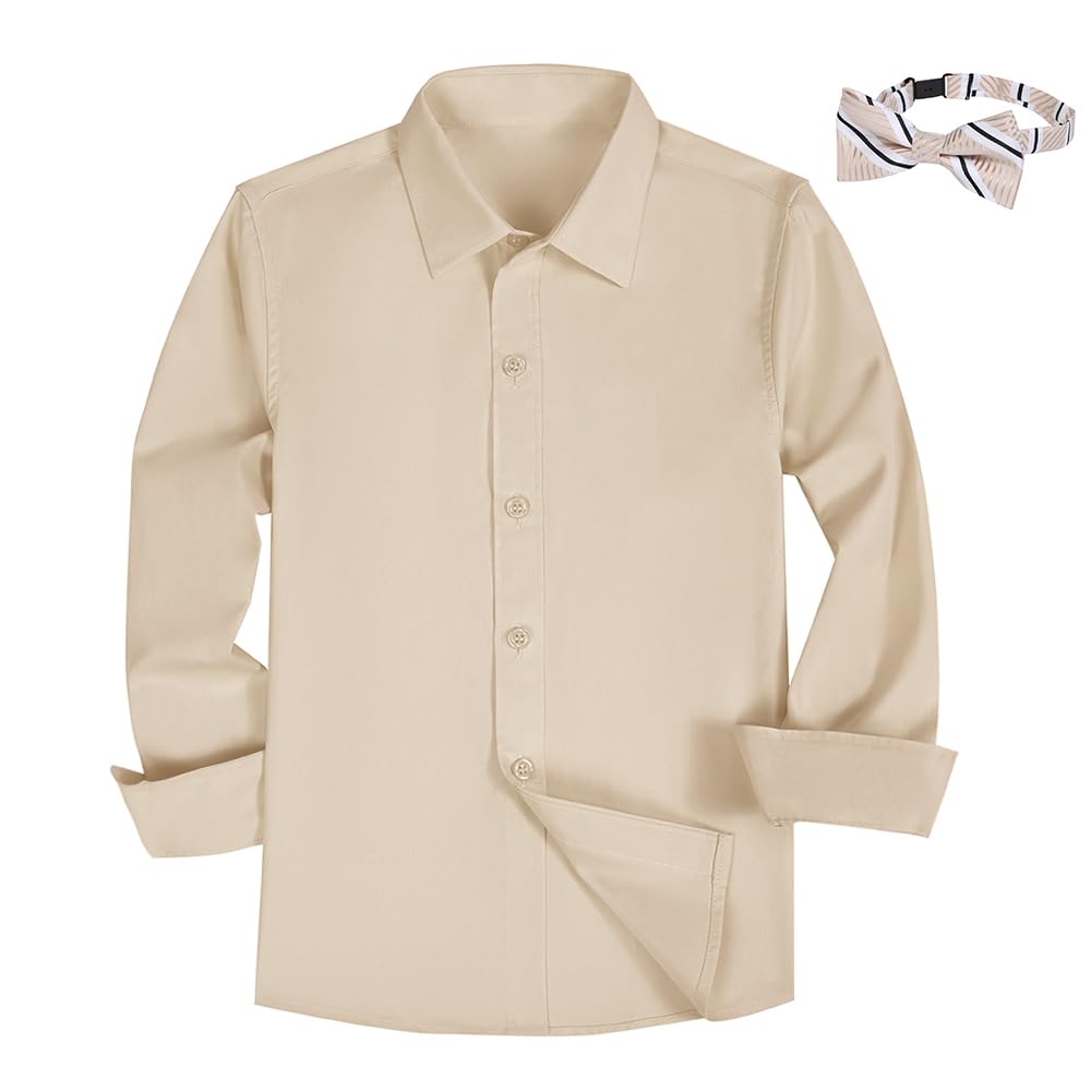 Boys Button Down Shirt Long Sleeve Dress Shirts for Toddler Kids Boy with Bow Bowtie,Size 2-14 Years