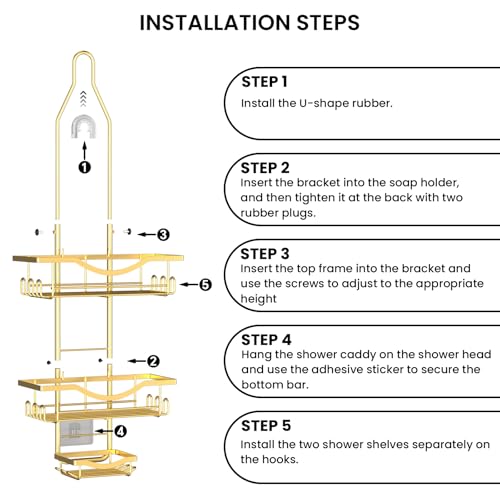 REINHARDT Adjustable Shower Caddy Hanging Rustproof Shower Organizer, Gold by REINHARDT - Used condition - Image 8