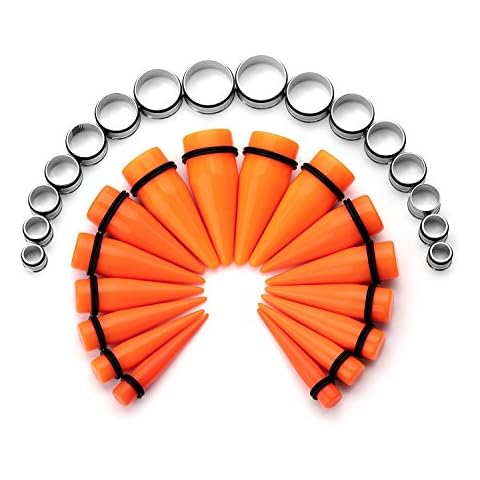 CABBE KALLO 32Pcs 00G - 24mm Big Gauges Ear Stretching Kit Acrylic Tapers Surgical Steel Tunnels Piercing Set White Green Orange Black Ear Gauge Stretching Kit Expanders Gift,Orange Cover