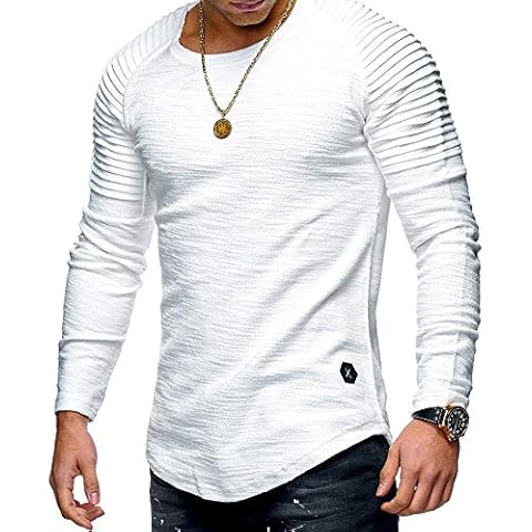 Mens Long Sleeve T-Shirts Folds Casual Cotton Top Slim Fit M-3XL White Cover