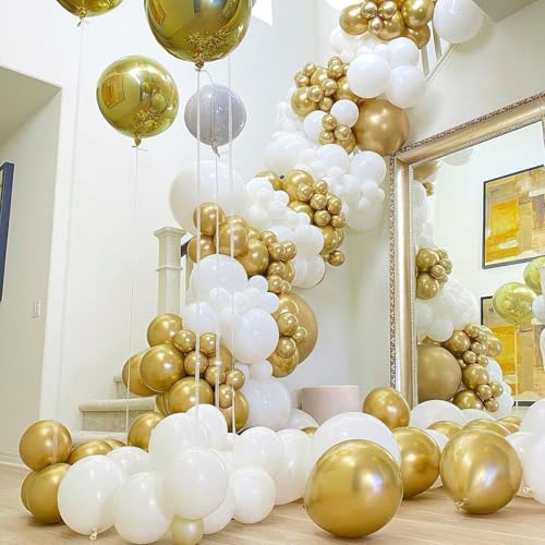 Image of PartyWoo White and Gold Balloons, 140 pcs White and Metallic Gold Balloons Different Sizes Pack of 18 Inch 12 Inch 10 Inch 5 Inch for Balloon Garland or Arch as Birthday Decorations, Party Decorations